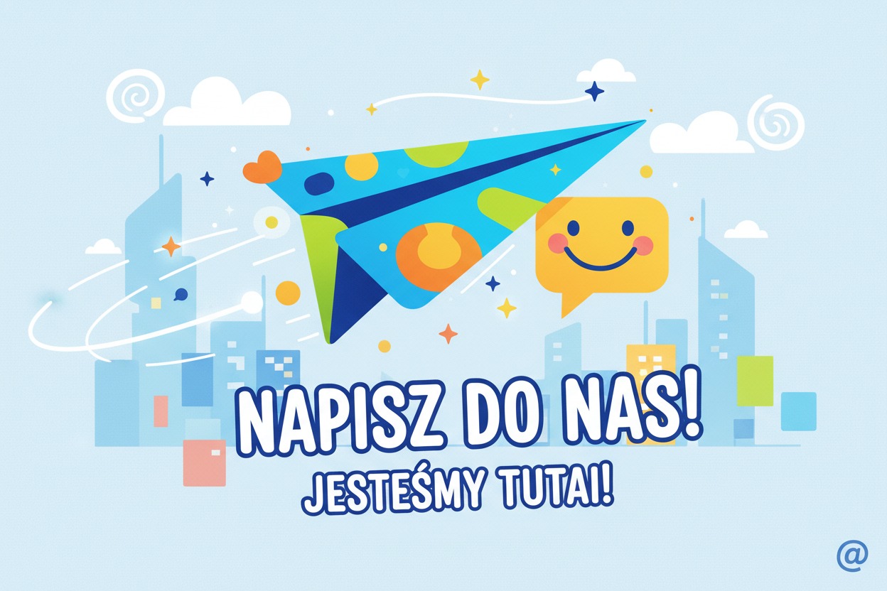 Ilustracja z niebieskim papierowym samolotem lecącym nad miastem oraz napisem NAPISZ DO NAS! JESTEŚMY TUTAI!